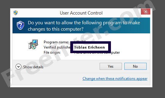 Screenshot where Tobias Erichsen appears as the verified publisher in the UAC dialog